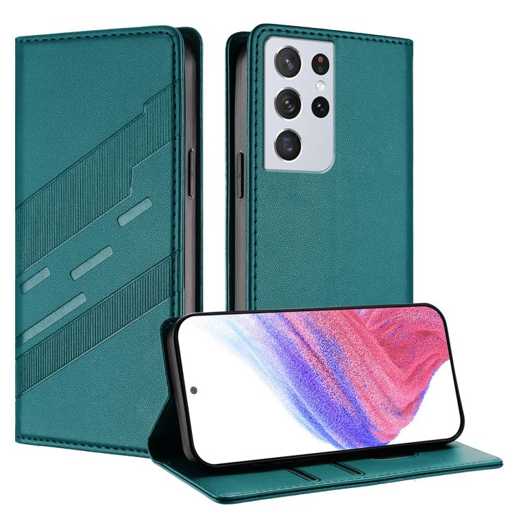

For Samsung Galaxy S21 Ultra 5G Embossed Multi-functional Wallet Retro Leather Phone Case(Dark Green)