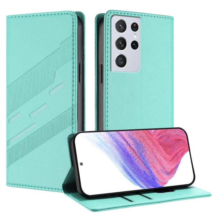 

For Samsung Galaxy S21 Ultra 5G Embossed Multi-functional Wallet Retro Leather Phone Case(Mint Green)