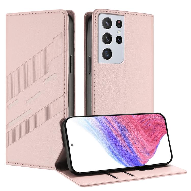 

For Samsung Galaxy S21 Ultra 5G Embossed Multi-functional Wallet Retro Leather Phone Case(Pink)