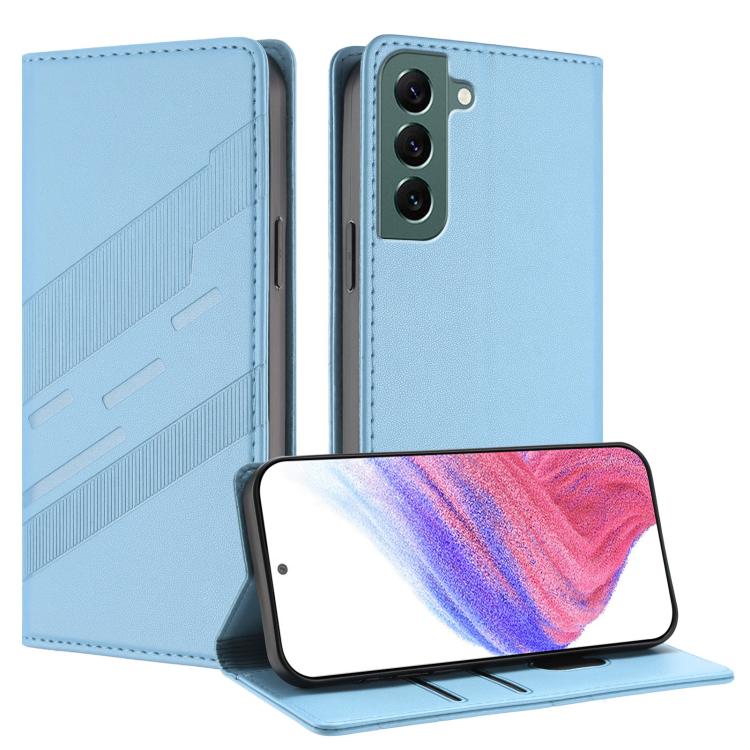 

For Samsung Galaxy S22+ 5G Embossed Multi-functional Wallet Retro Leather Phone Case(Light Blue)