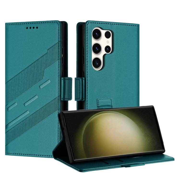 

For Samsung Galaxy S23 Ultra 5G Embossed Multi-functional Side Suction Wallet Retro Leather Phone Case(Dark Green)