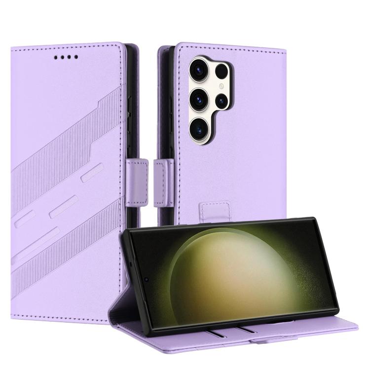

For Samsung Galaxy S23 Ultra 5G Embossed Multi-functional Side Suction Wallet Retro Leather Phone Case(Light Purple)