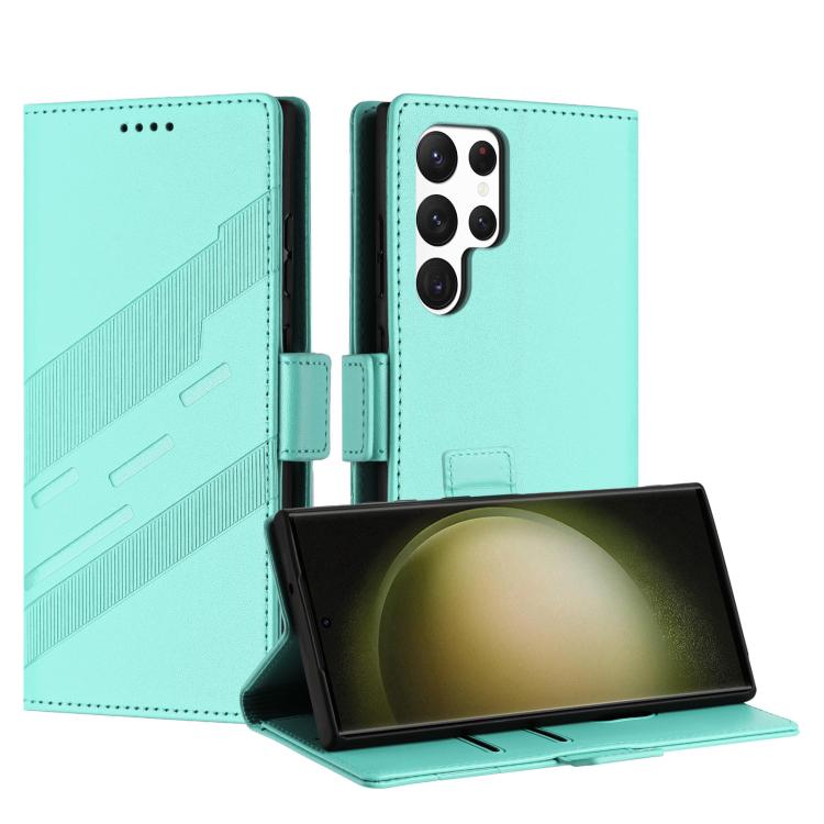 

For Samsung Galaxy S24 Ultra 5G Embossed Multi-functional Side Suction Wallet Retro Leather Phone Case(Mint Green)