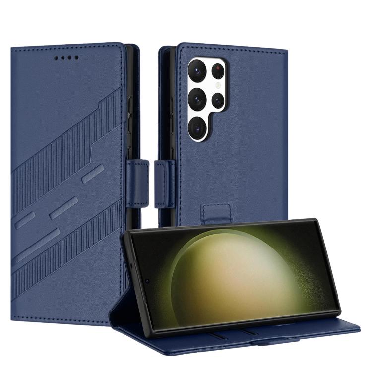 

For Samsung Galaxy S24 Ultra 5G Embossed Multi-functional Side Suction Wallet Retro Leather Phone Case(Dark Blue)