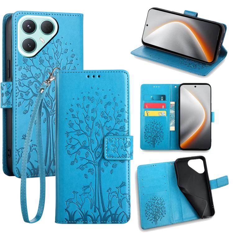 

For Tecno Pova 7 Pro 5G Tree & Deer Embossed Leather Phone Case(Blue)