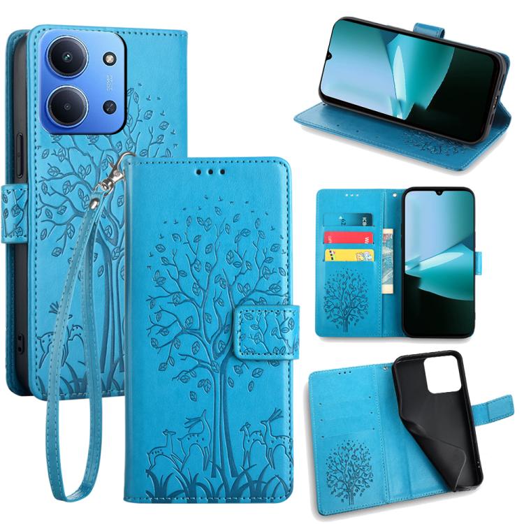 

For Redmi 15C 5G / 4G EU 173mm Tree & Deer Embossed Leather Phone Case(Blue)