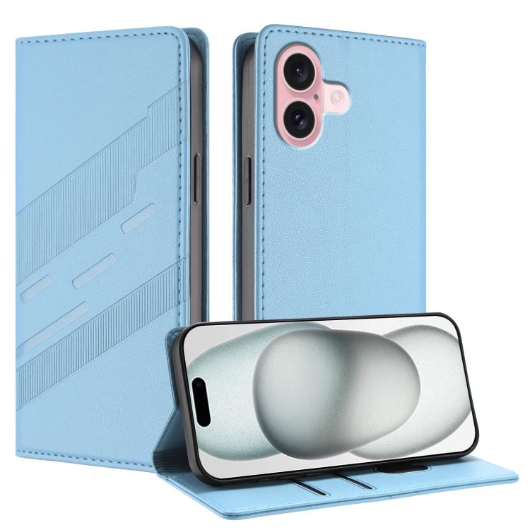 

For iPhone 16 Embossed Multi-functional Wallet Retro Leather Phone Case(Light Blue)
