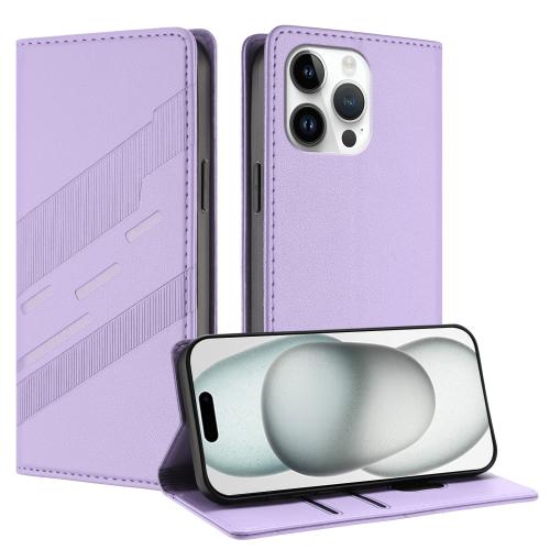

For iPhone 15 Pro Max Embossed Multi-functional Wallet Retro Leather Phone Case(Light Purple)