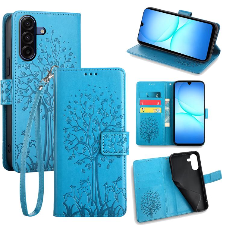 

For Samsung Galaxy A17 5G Tree & Deer Embossed Leather Phone Case(Blue)