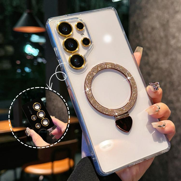 

For Samsung Galaxy S25 Ultra 5G Love Glitter Powder MagSafe Holder Phone Case with Lens Film(Gold)