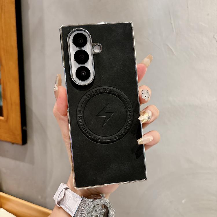 

For Samsung Galaxy Z Fold7 5G Electroplated PC Sheepskin Invisible Magnetic MagSafe Folding Phone Case(Black)