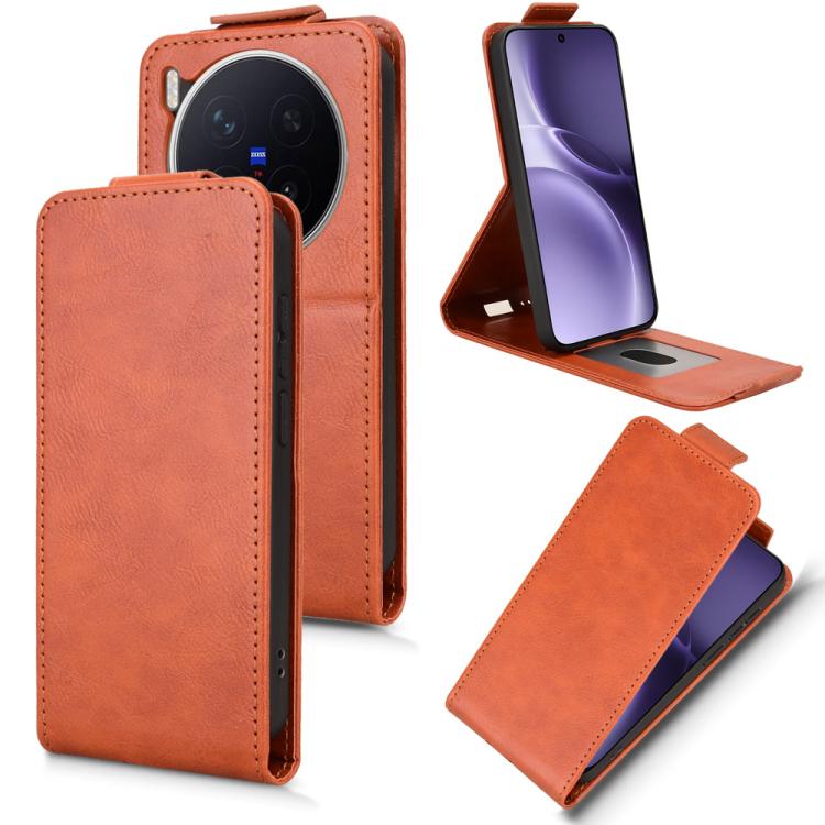 For vivo X300 Pro 5G Magnetic Vertical Flip Leather Phone Case with Buckle(Brown)