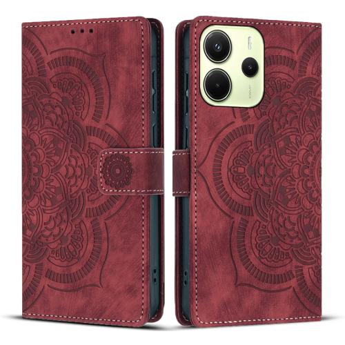 

For Redmi Note 14 4G 164.84mm Mandala Embossed Retro Frosted Leather Phone Case(Red)