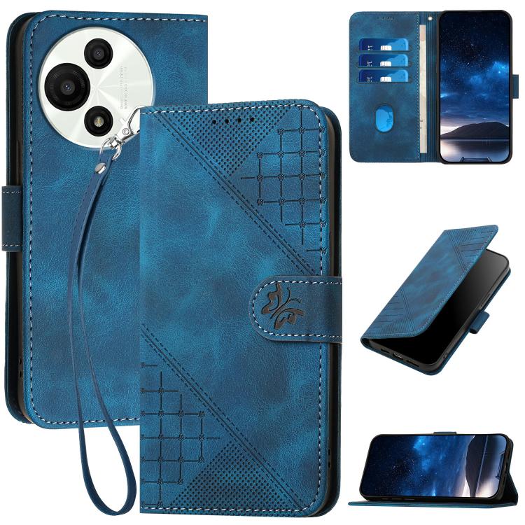 

For TCL 60 SE NxtPaper 5G Grid Butterfly Embossed Pattern Leather Phone Case with Lanyard(Dark Blue)