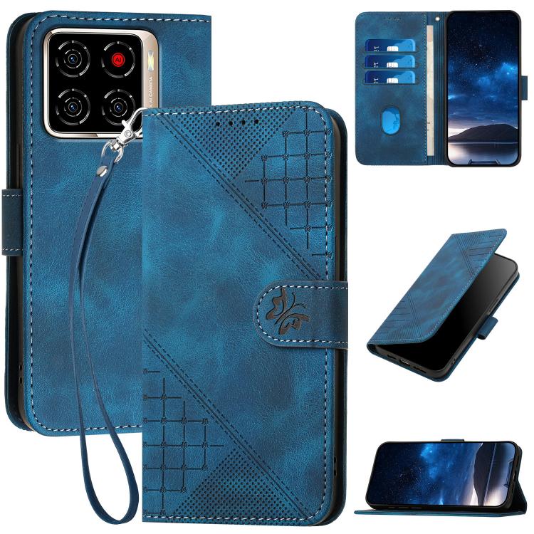 

For ZTE Blade A56 Pro Grid Butterfly Embossed Pattern Leather Phone Case with Lanyard(Dark Blue)