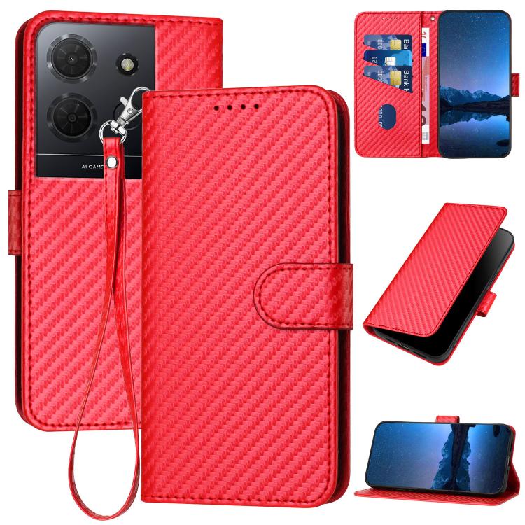 

For TCL 503 YX0070 Carbon Fiber Buckle Leather Phone Case with Lanyard(Red)