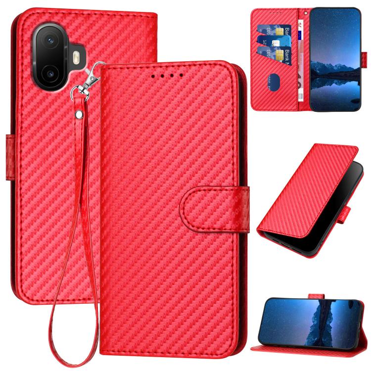 For TCL K70 5G YX0070 Carbon Fiber Buckle Leather Phone Case with Lanyard(Red)