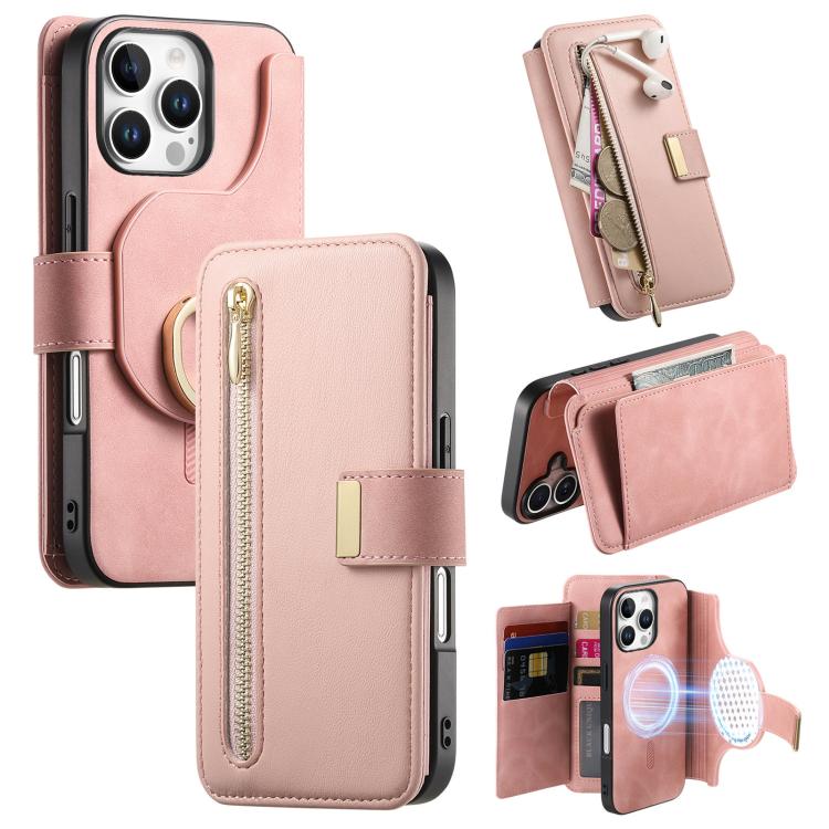 

For iPhone 16 Pro Max Ring Zipper Wallet RFID Blocking MagSafe Leather Phone Case(Pink)