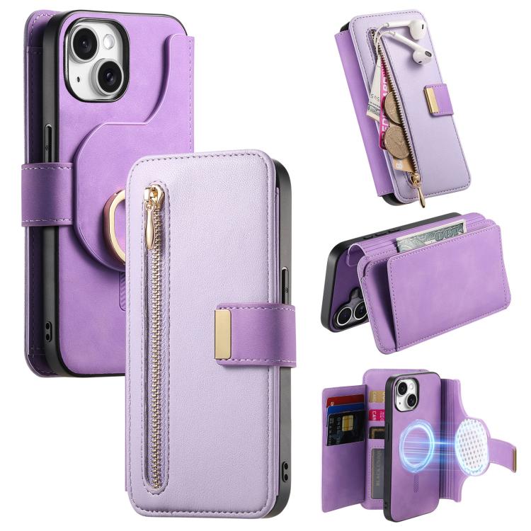 

For iPhone 15 Plus Ring Zipper Wallet RFID Blocking MagSafe Leather Phone Case(Purple)