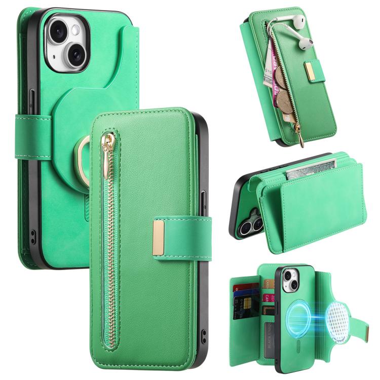 

For iPhone 14 Plus Ring Zipper Wallet RFID Blocking MagSafe Leather Phone Case(Green)