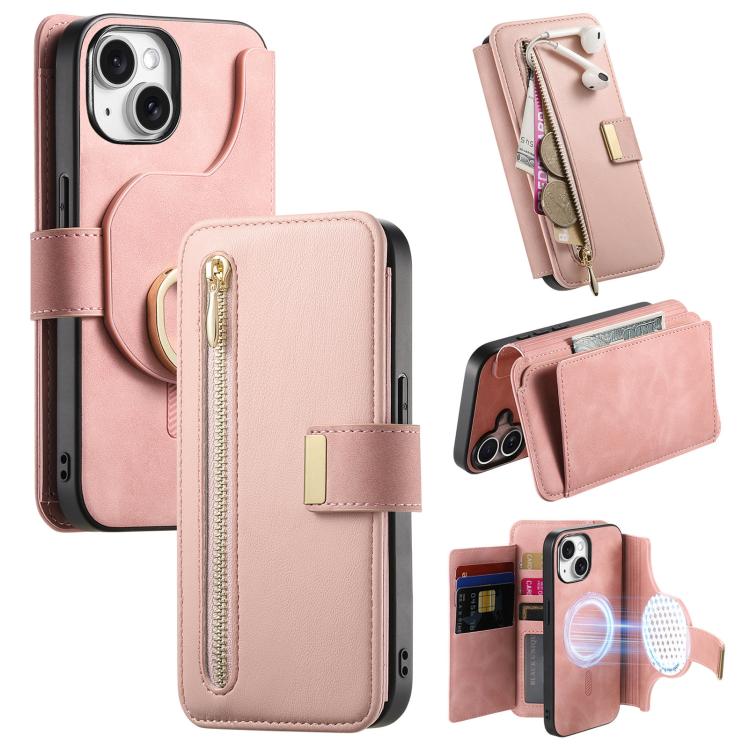 

For iPhone 13 Ring Zipper Wallet RFID Blocking MagSafe Leather Phone Case(Pink)