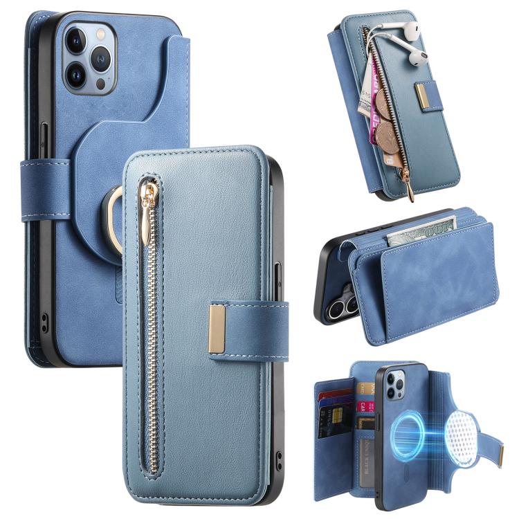

For iPhone 12 Pro Max Ring Zipper Wallet RFID Blocking MagSafe Leather Phone Case(Blue)