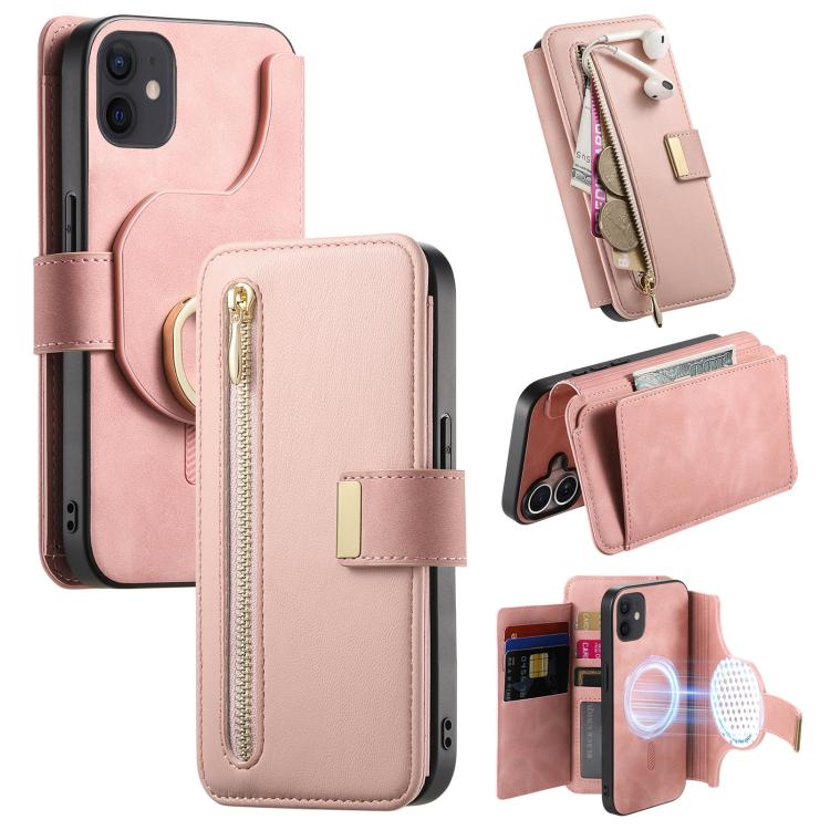 

For iPhone 11 Ring Zipper Wallet RFID Blocking MagSafe Leather Phone Case(Pink)