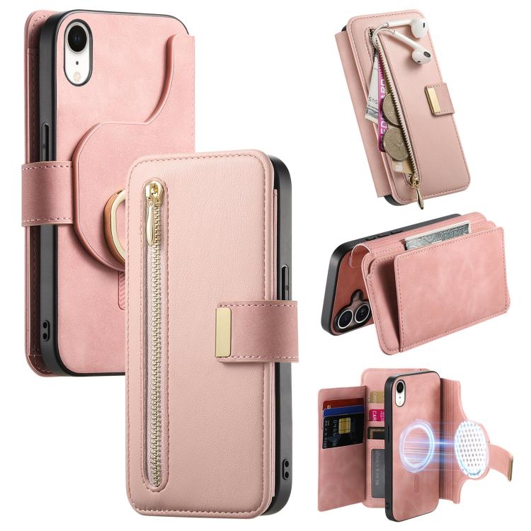 

For iPhone XR Ring Zipper Wallet RFID Blocking MagSafe Leather Phone Case(Pink)