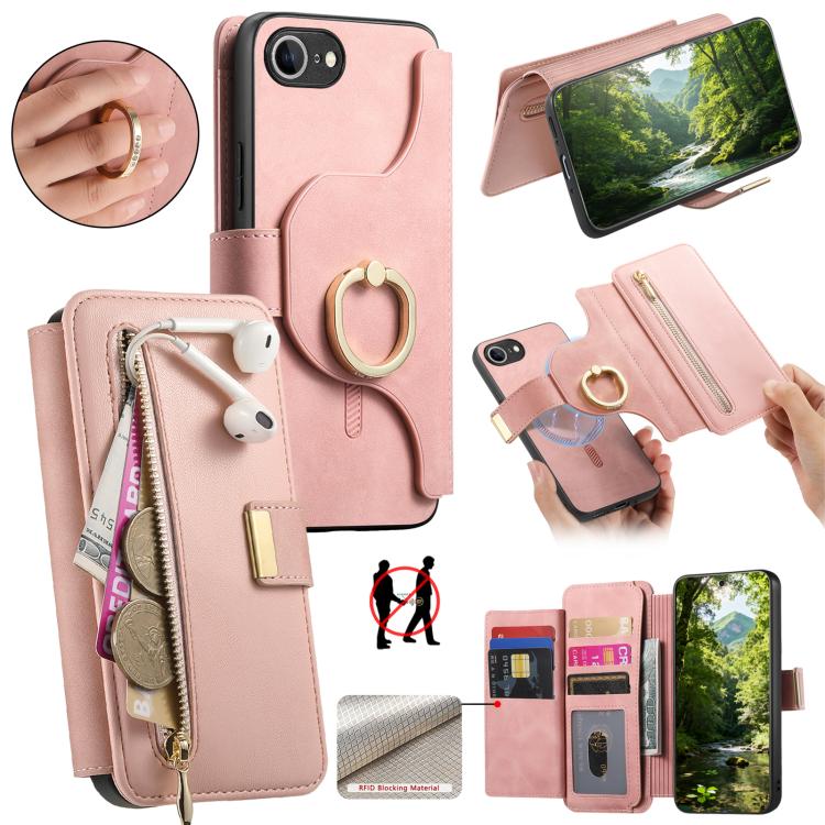 For iPhone 17e / 16e Ring Zipper Wallet RFID Blocking MagSafe Leather Phone Case(Pink)