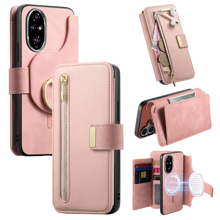 

For Honor 200 Pro Ring Zipper Wallet RFID Blocking MagSafe Leather Phone Case(Pink)