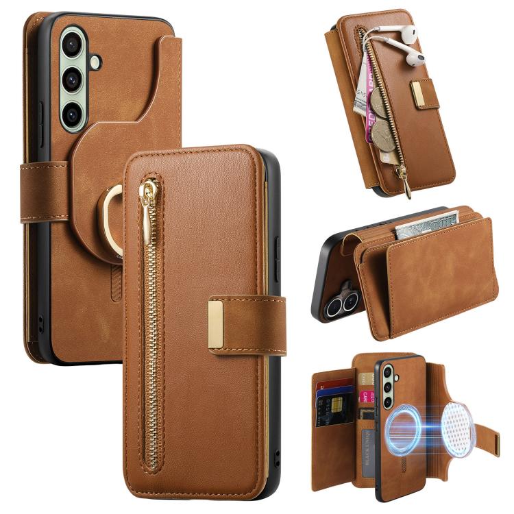 

For Samsung Galaxy S24 FE 5G Ring Zipper Wallet RFID Blocking MagSafe Leather Phone Case(Brown)