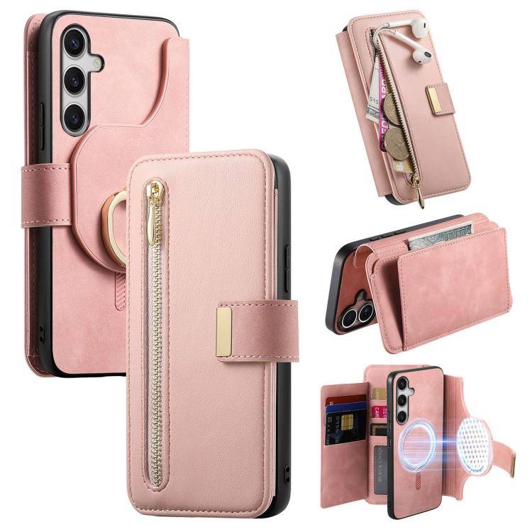 

For Samsung Galaxy S25 FE 5G Ring Zipper Wallet RFID Blocking MagSafe Leather Phone Case(Pink)