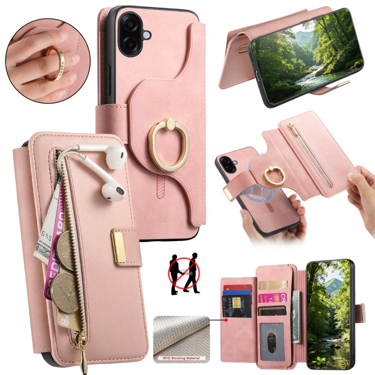 For Galaxy A08 / A07 4G / 5G Ring Zipper Wallet RFID Blocking MagSafe Leather Phone Case(Pink) — купить у Sunsky-online WW