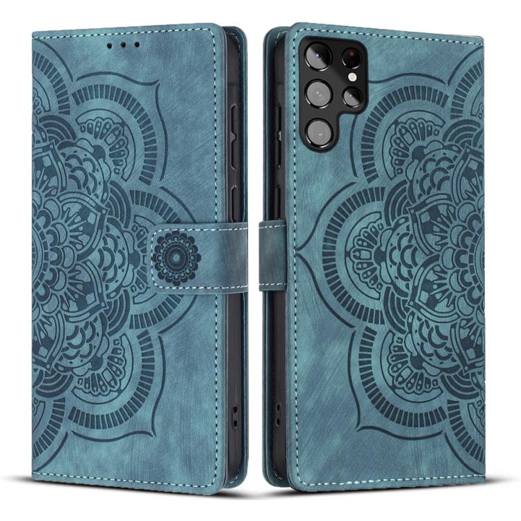 

For Samsung Galaxy S22 Ultra 5G Mandala Embossed Retro Frosted Leather Phone Case(Blue)