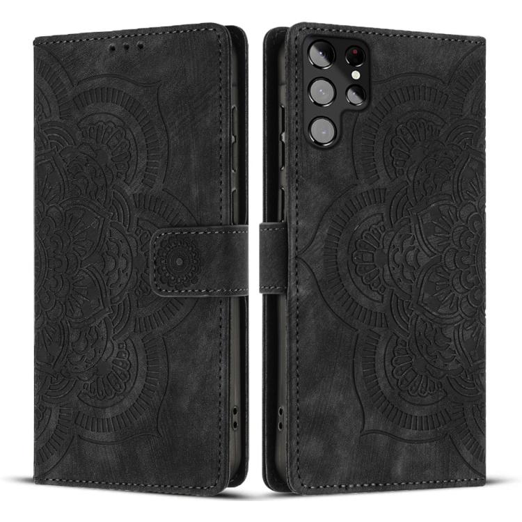 

For Samsung Galaxy S22 Ultra 5G Mandala Embossed Retro Frosted Leather Phone Case(Black)