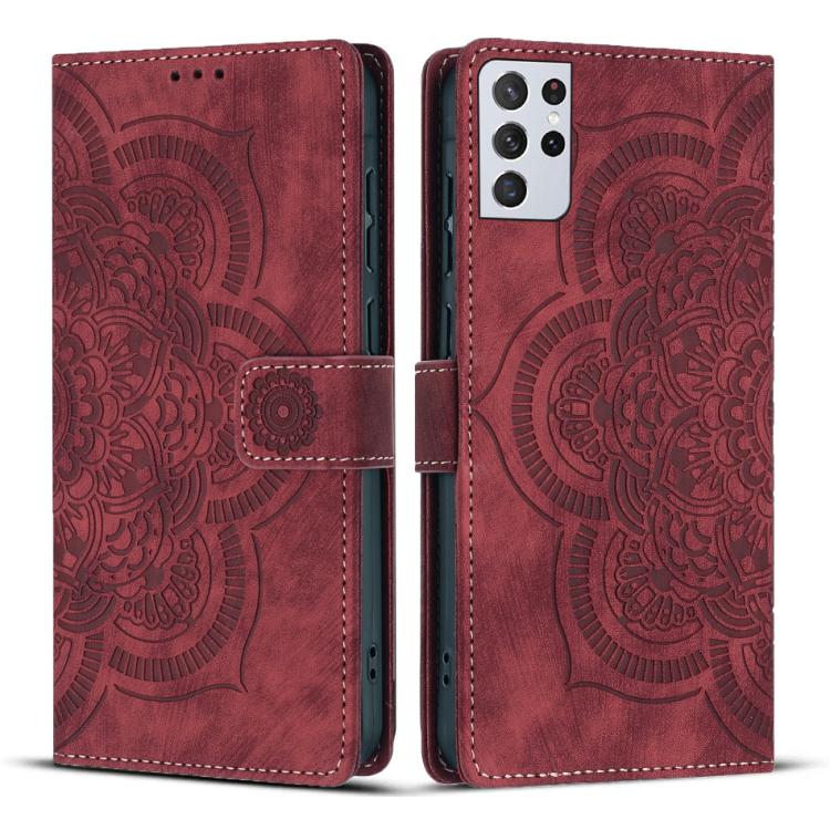 

For Samsung Galaxy S21 Ultra 5G Mandala Embossed Retro Frosted Leather Phone Case(Red)