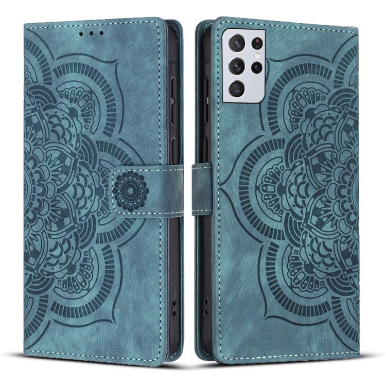 

For Samsung Galaxy S21 Ultra 5G Mandala Embossed Retro Frosted Leather Phone Case(Blue)
