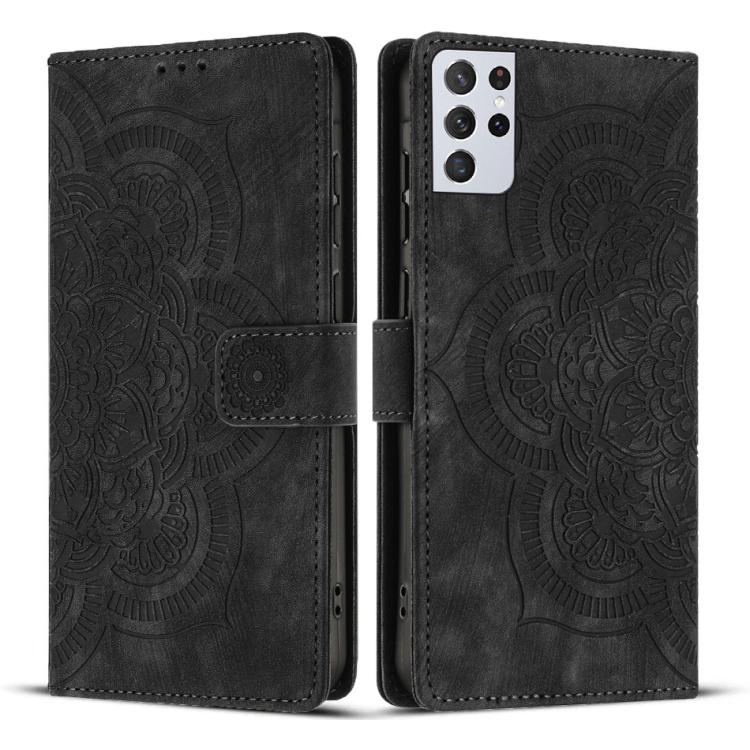 

For Samsung Galaxy S21 Ultra 5G Mandala Embossed Retro Frosted Leather Phone Case(Black)