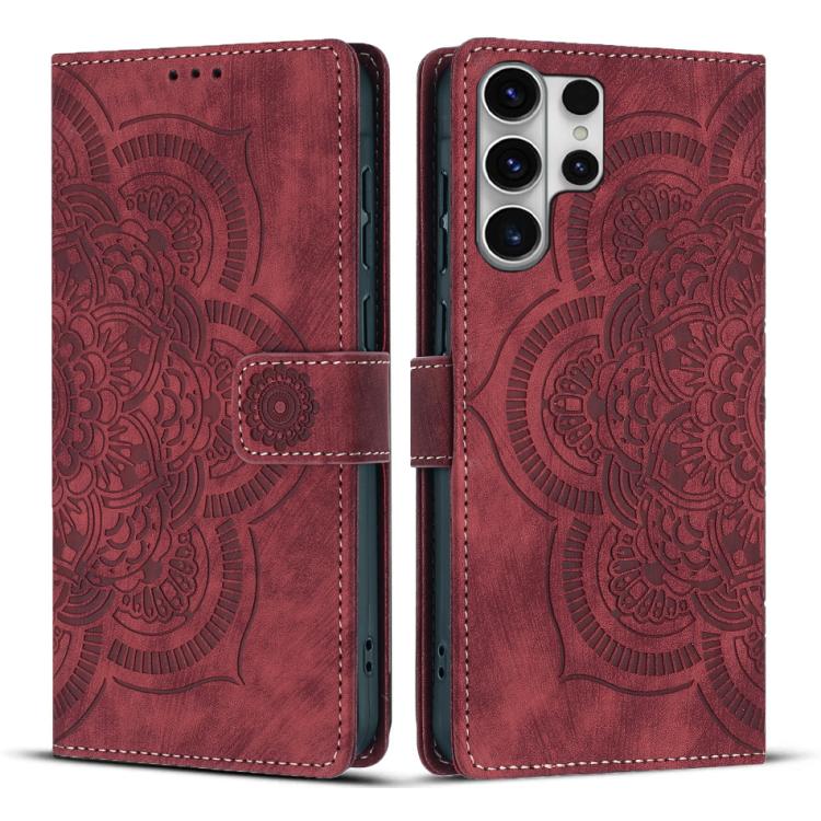 

For Samsung Galaxy S26 Ultra 5G Mandala Embossed Retro Frosted Leather Phone Case(Red)