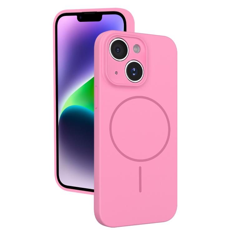 

For iPhone 14 Thin Circle MagSafe Fine Hole Liquid Silicone Phone Case(Rose Pink)