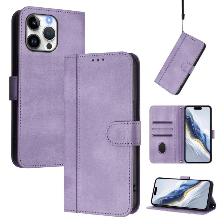 

For iPhone 16 Pro Max Line Splicing Buckle Retro Leather Phone Case(Purple)