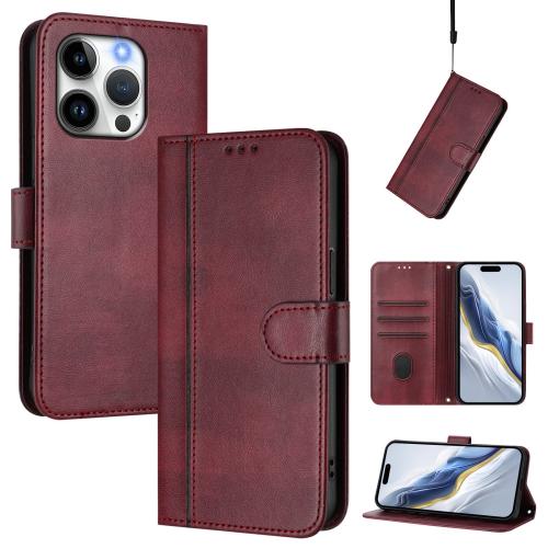 

For iPhone 15 Pro Max Line Splicing Buckle Retro Leather Phone Case(Wine Red)
