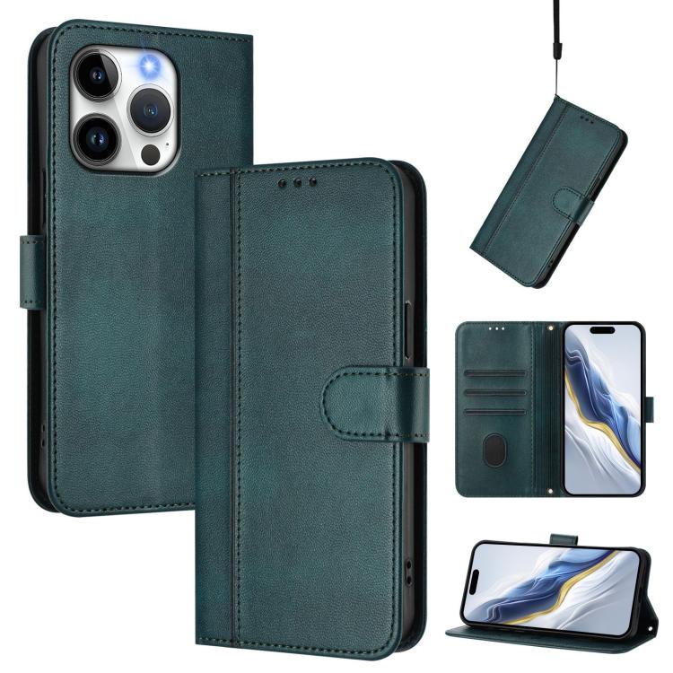 

For iPhone 15 Pro Max Line Splicing Buckle Retro Leather Phone Case(Dark Green)