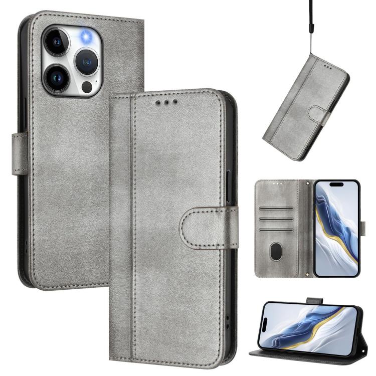 

For iPhone 15 Pro Line Splicing Buckle Retro Leather Phone Case(Grey)