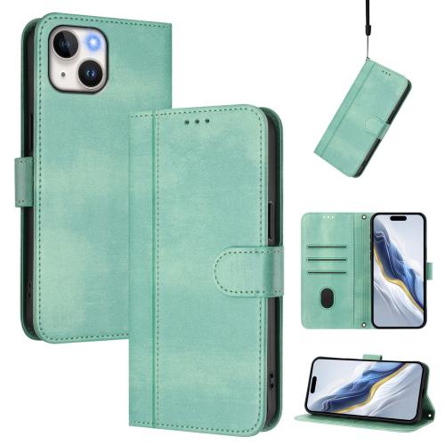 

For iPhone 15 Plus Line Splicing Buckle Retro Leather Phone Case(Mint Green)