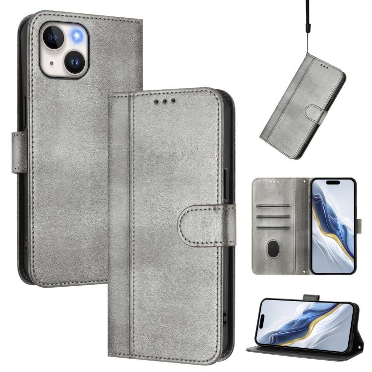 

For iPhone 14 / 13 Line Splicing Buckle Retro Leather Phone Case(Grey)