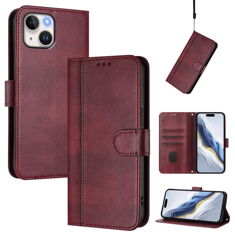 

For iPhone 14 / 13 Line Splicing Buckle Retro Leather Phone Case(Wine Red)