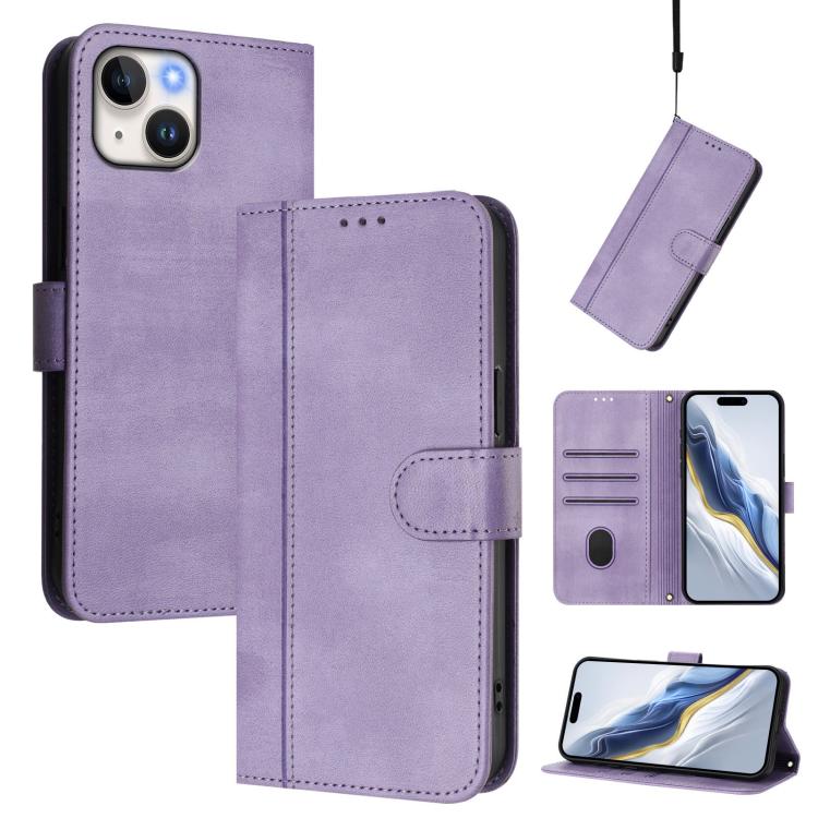 

For iPhone 14 / 13 Line Splicing Buckle Retro Leather Phone Case(Purple)