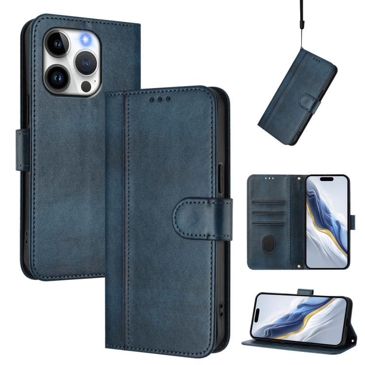 

For iPhone 14 Pro Line Splicing Buckle Retro Leather Phone Case(Dark Blue)