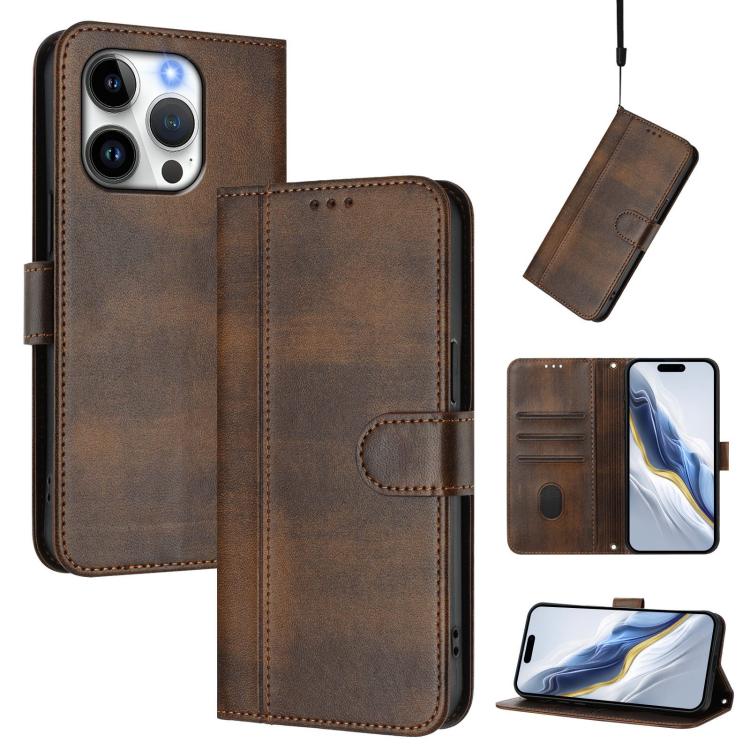 

For iPhone 14 Pro Max Line Splicing Buckle Retro Leather Phone Case(Brown)